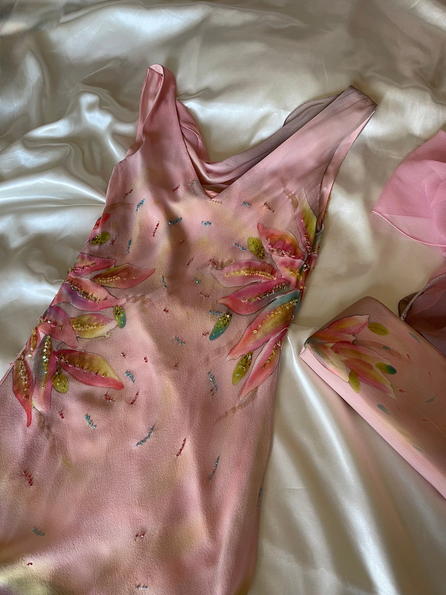 Spectacular Pink & Yellow Beaded Silk Dress