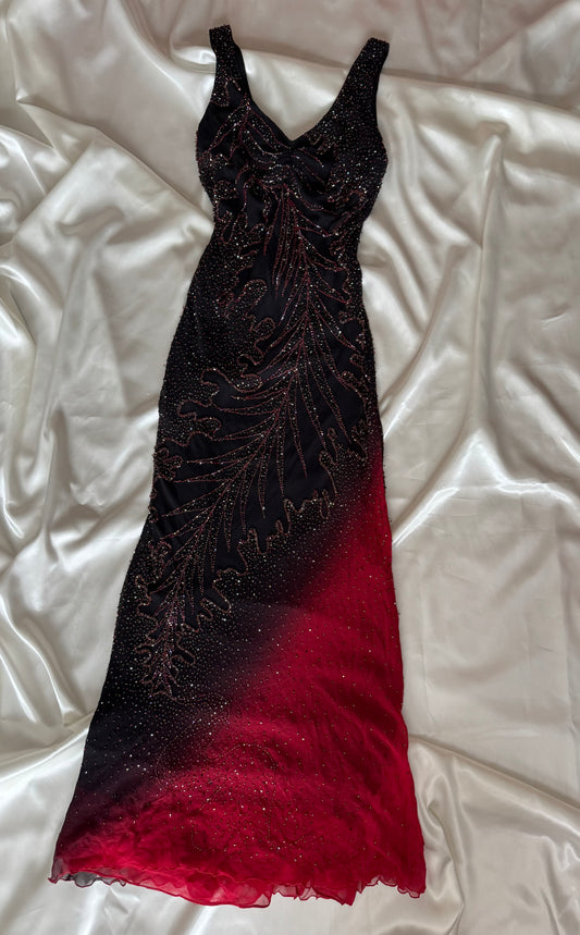 Long Black & Red Silk Beaded Vintage Dress
