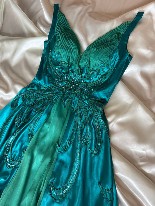 Absolutely Beautiful Butterfly Green Blue Vintage Beaded Dress