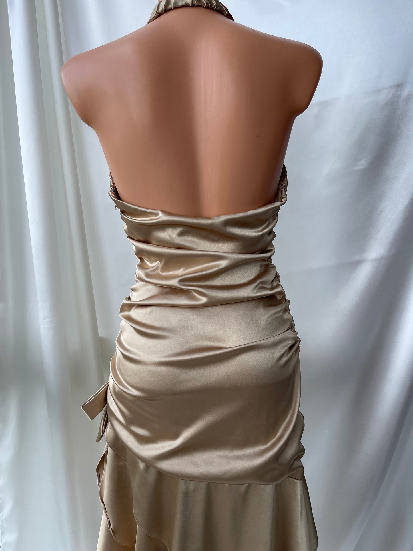 Beautiful Champagne Satin Side Rutched Vintage Dress