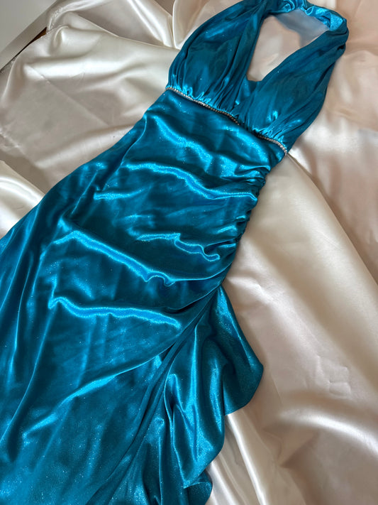 Sparkly Turquoise Blue Halter Neck Vintage Dress