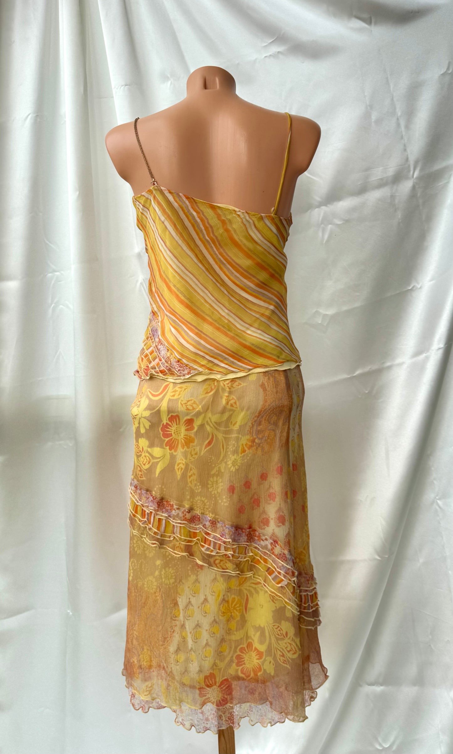 Vintage Yellow Floral & Striped Silk Skirt Set