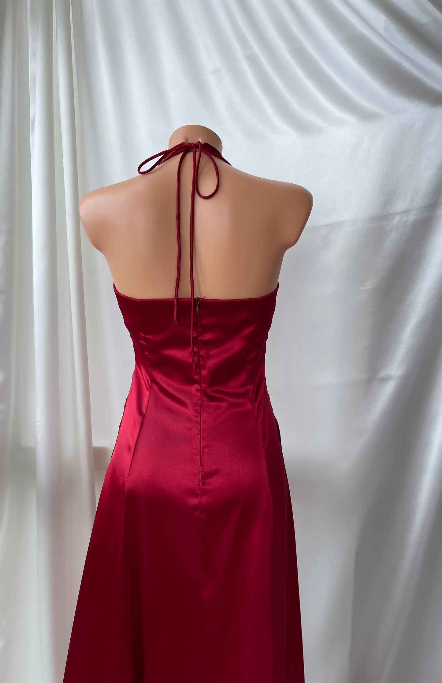 Vintage Long Red Halter Neck Satin Dress