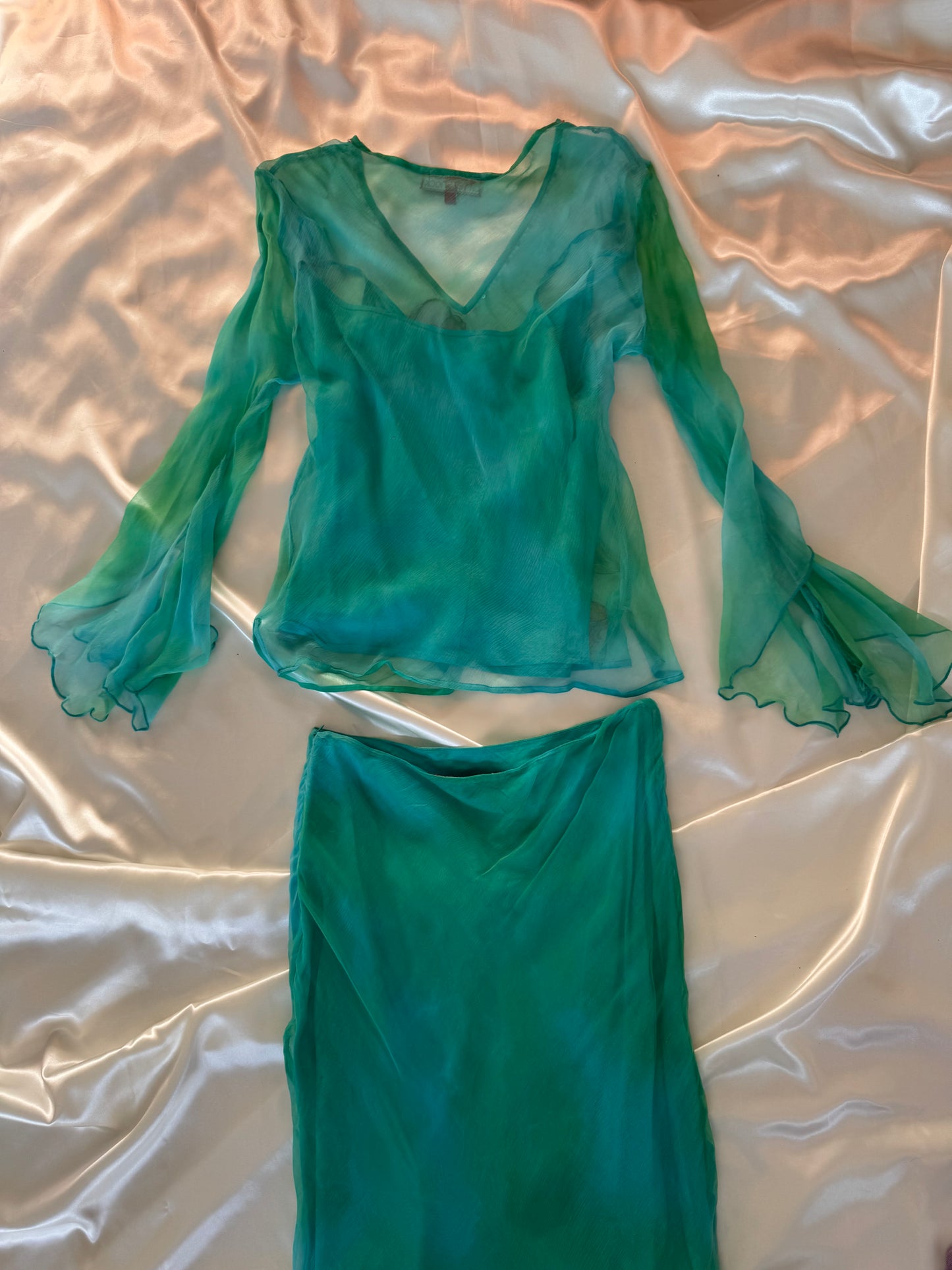 Flowy Green Blue Silk Skirt Set