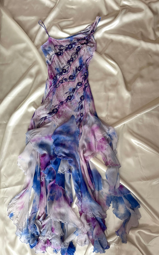 Vintage Frill Skirt Purple and White Beaded Silk Dress