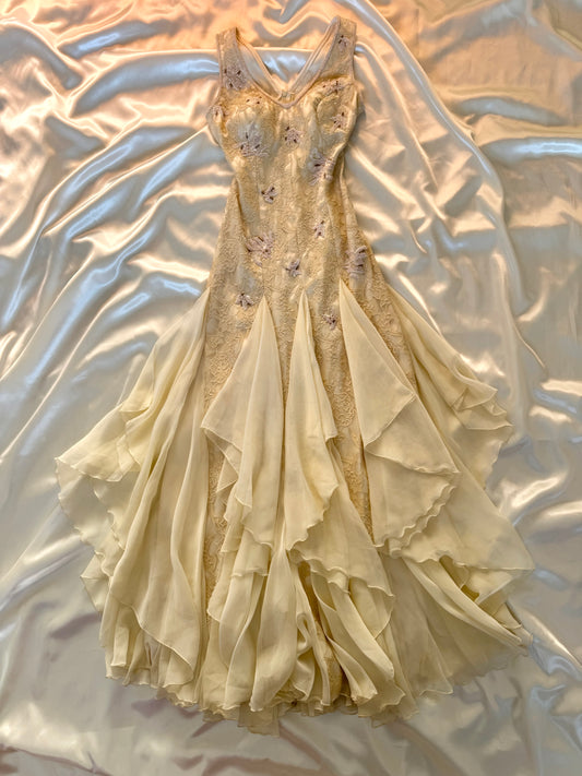 Cream Beaded Vintage Ruffle Dress