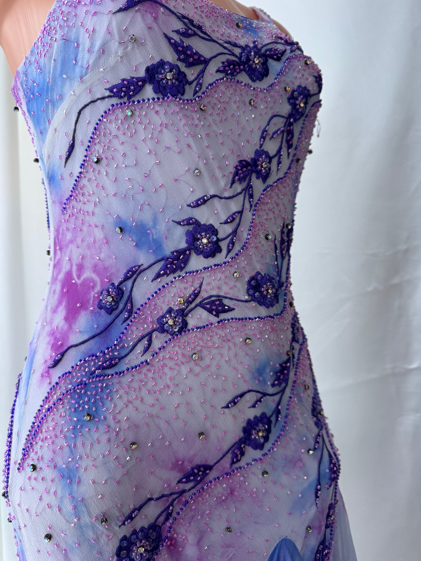 Vintage Frill Skirt Purple and White Beaded Silk Dress