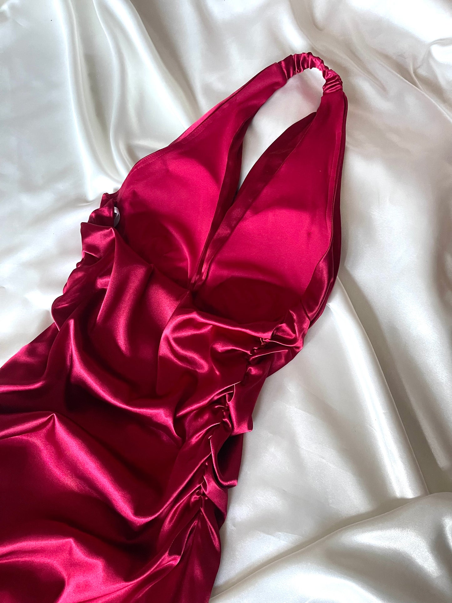 Beautiful Red Satin Side Ruched Vintage Dress