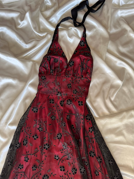 Gorgeous Red & Black Tulle Floral Vintage Gown