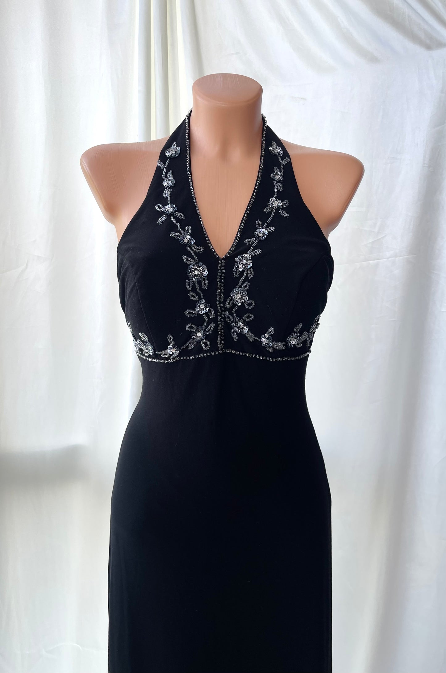 Black Beaded Halter Neck Vintage Gown