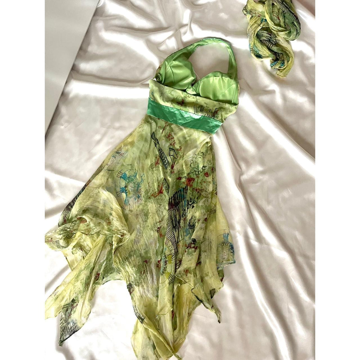 Green Silk Beaded Vintage Dress