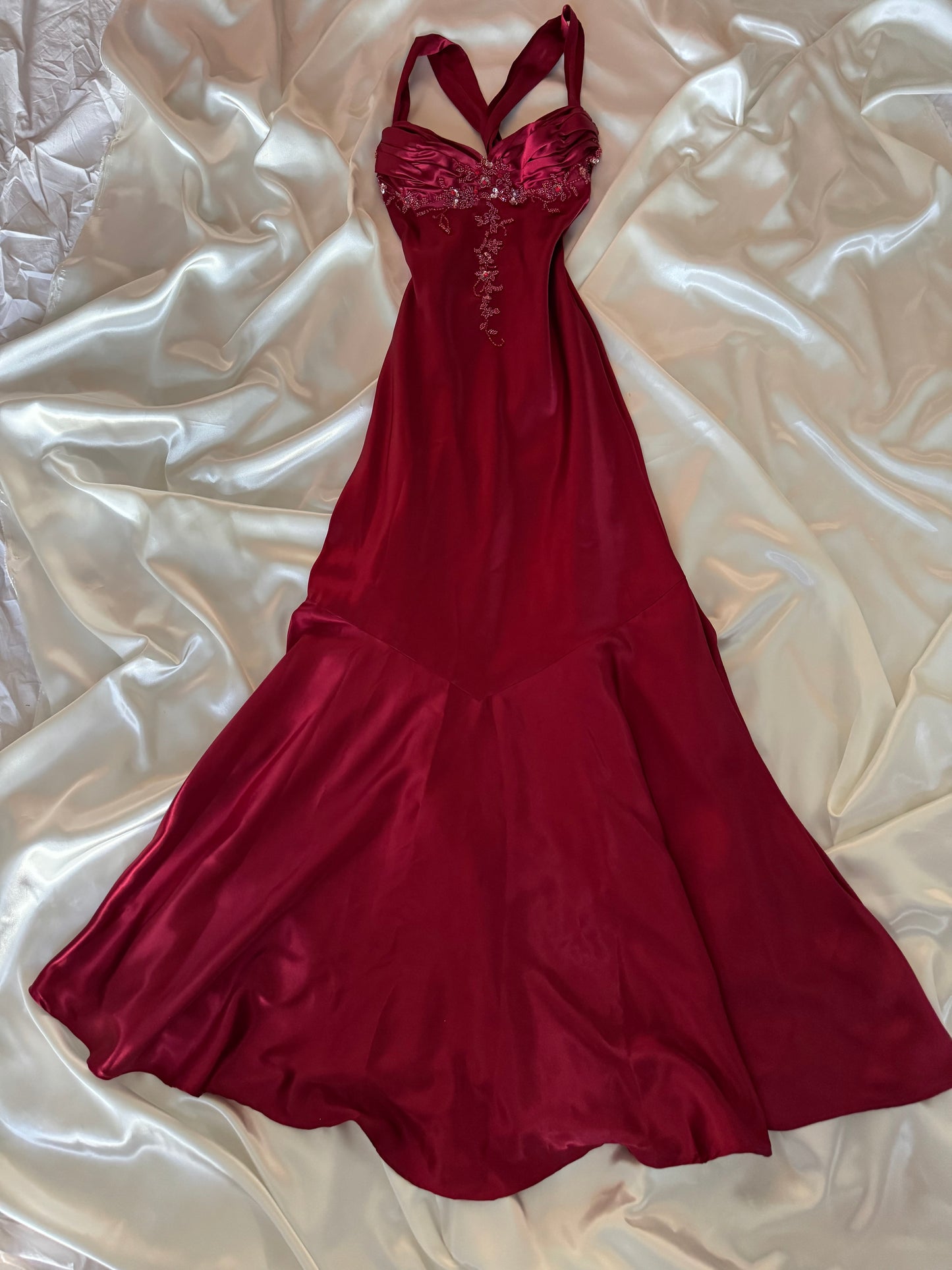 Red Vampy Long Vintage Satin Beaded Gown