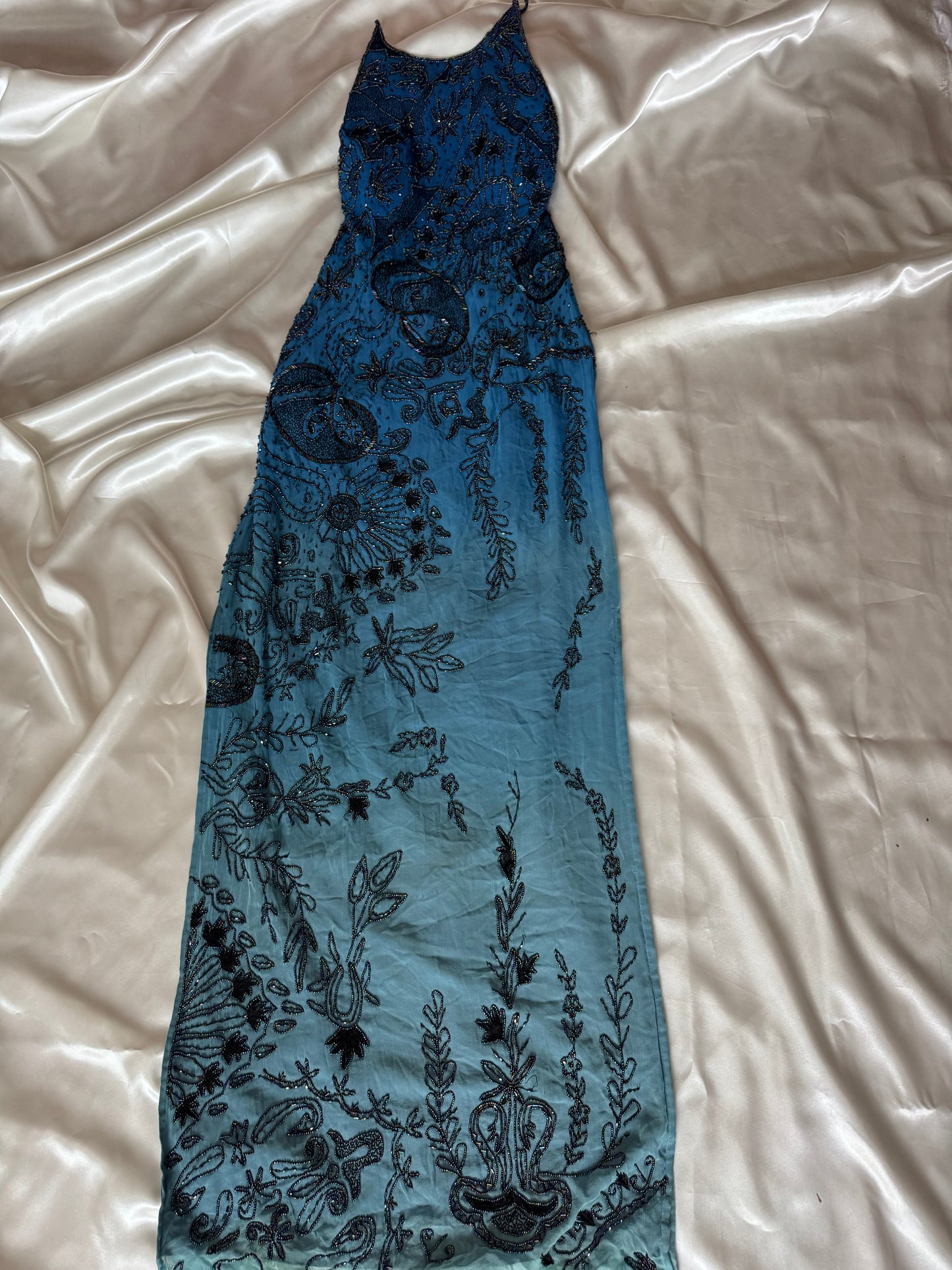 Spectacular Blue Maxi Silk Beaded Vintage Dress