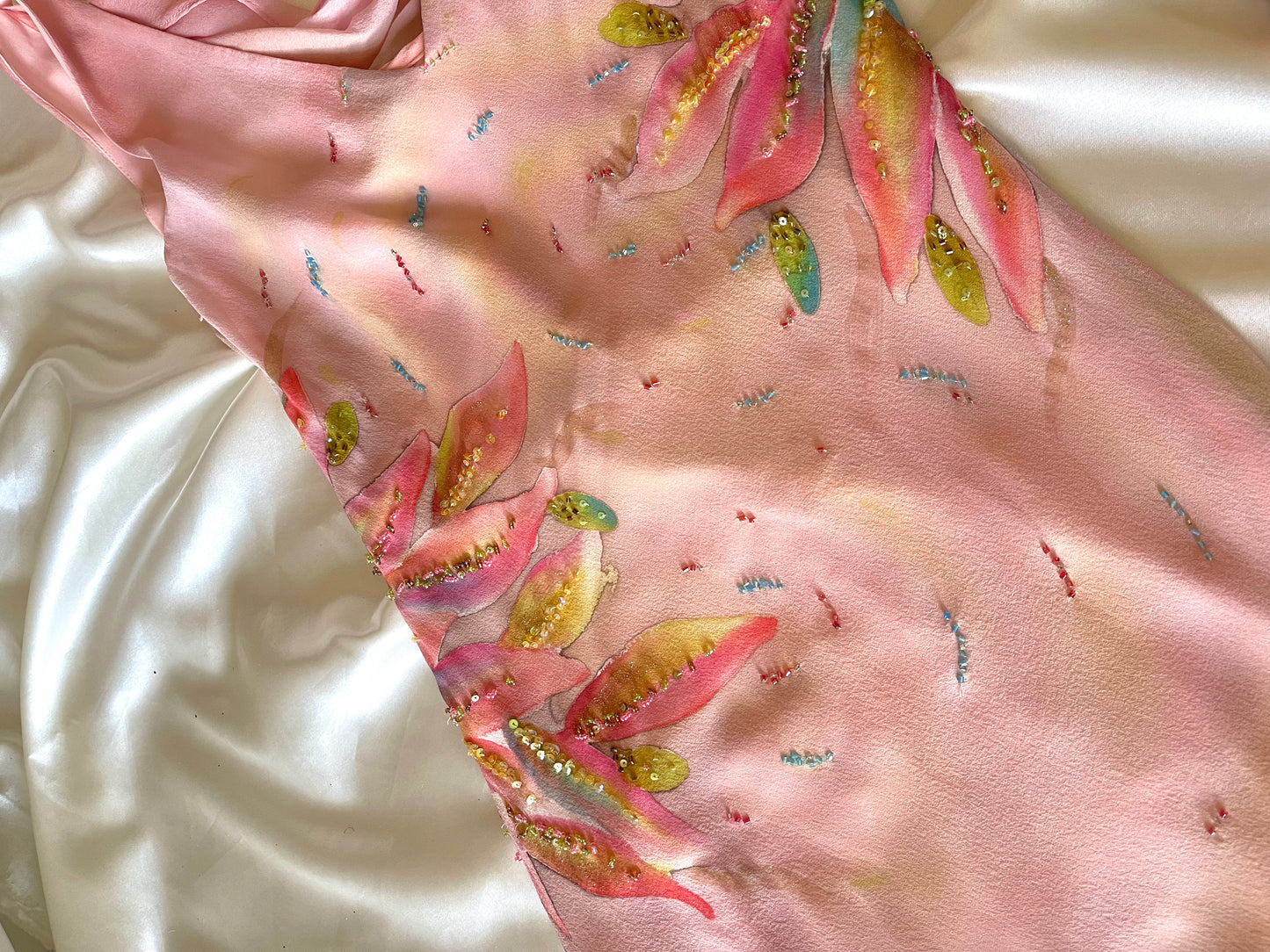 Spectacular Pink & Yellow Beaded Silk Dress