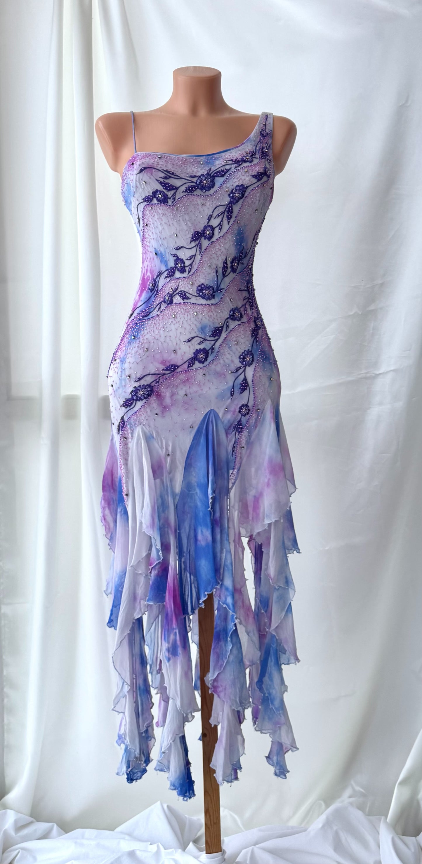 Vintage Frill Skirt Purple and White Beaded Silk Dress