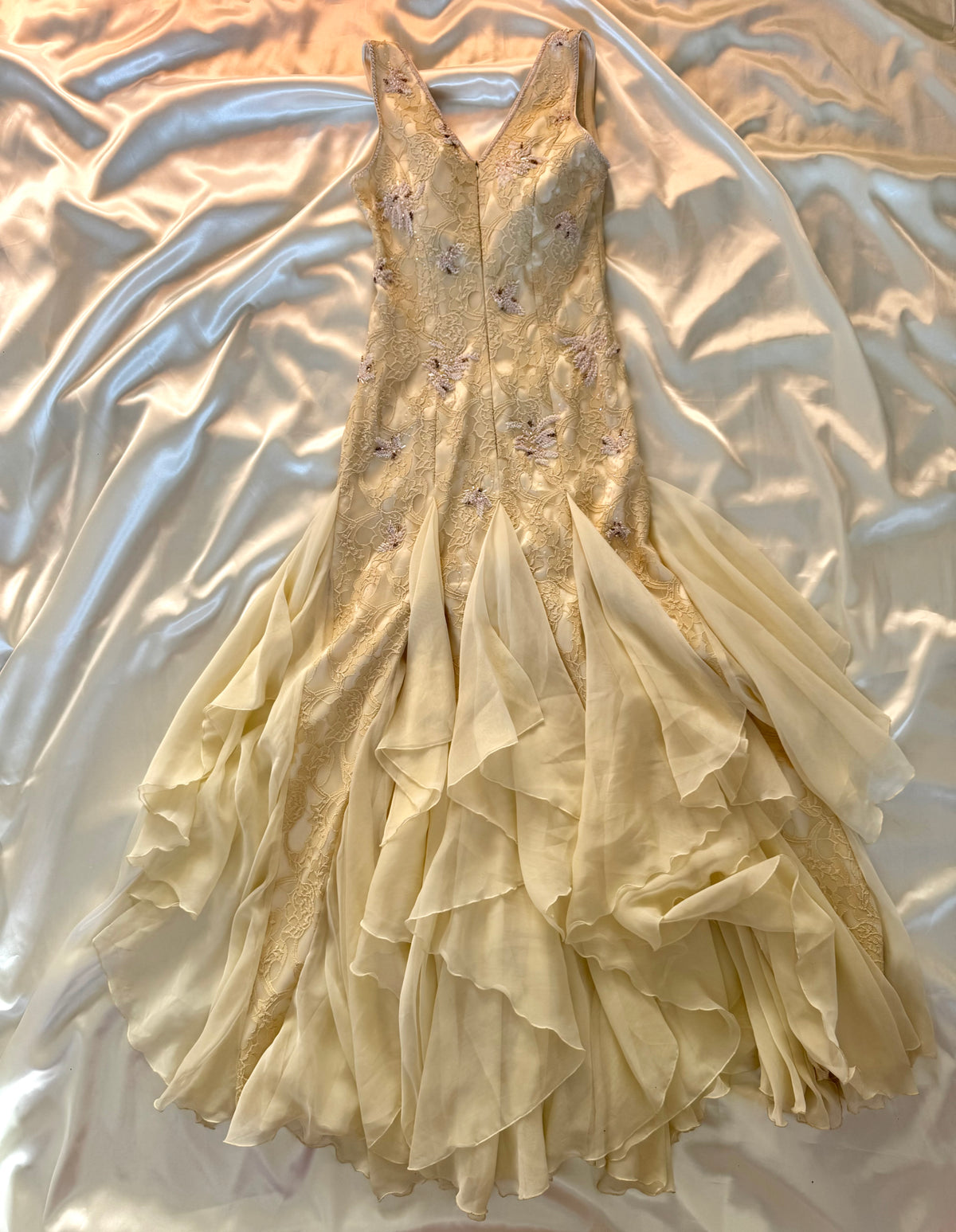Cream Beaded Vintage Ruffle Dress