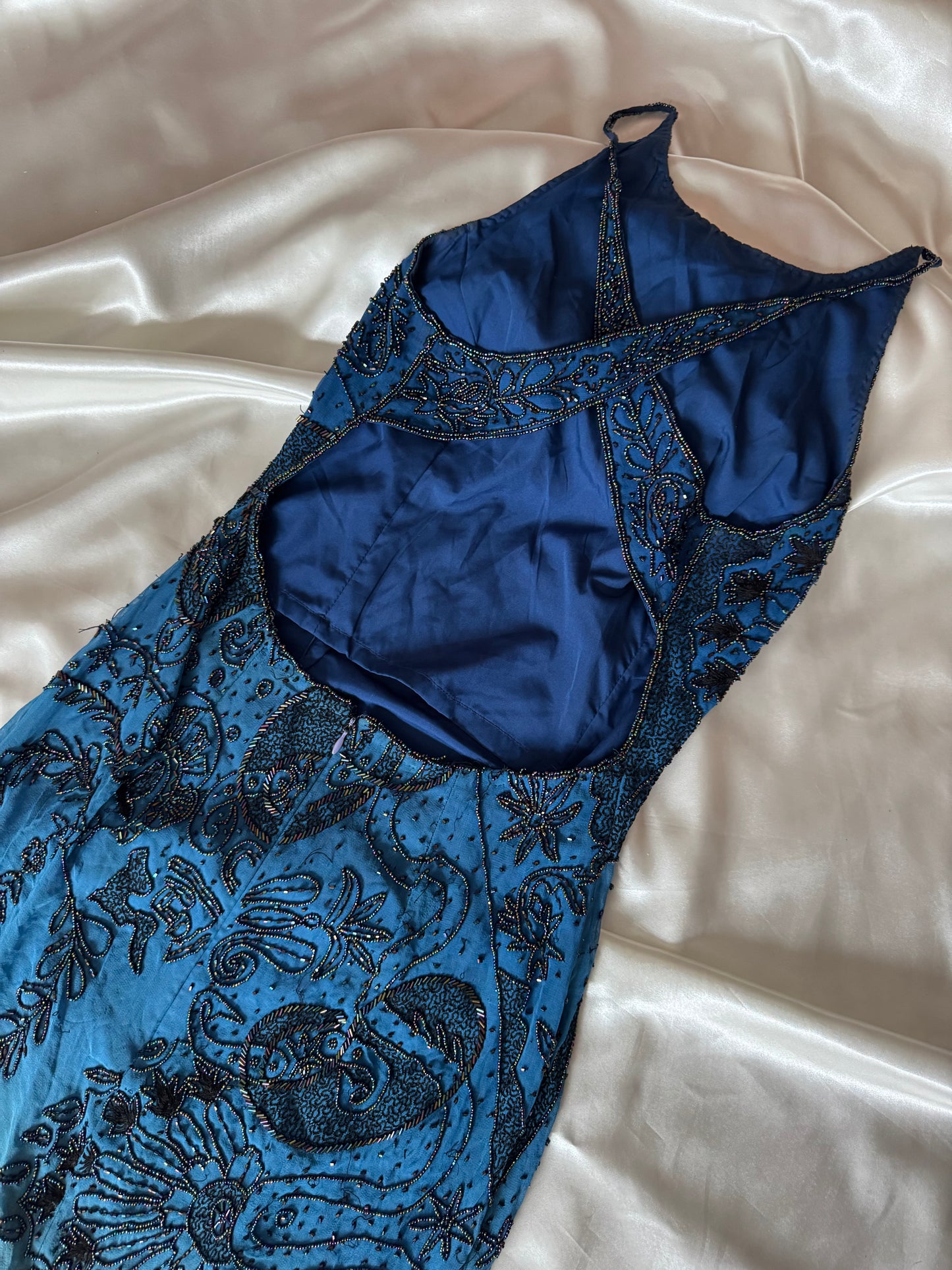 Spectacular Blue Maxi Silk Beaded Vintage Dress