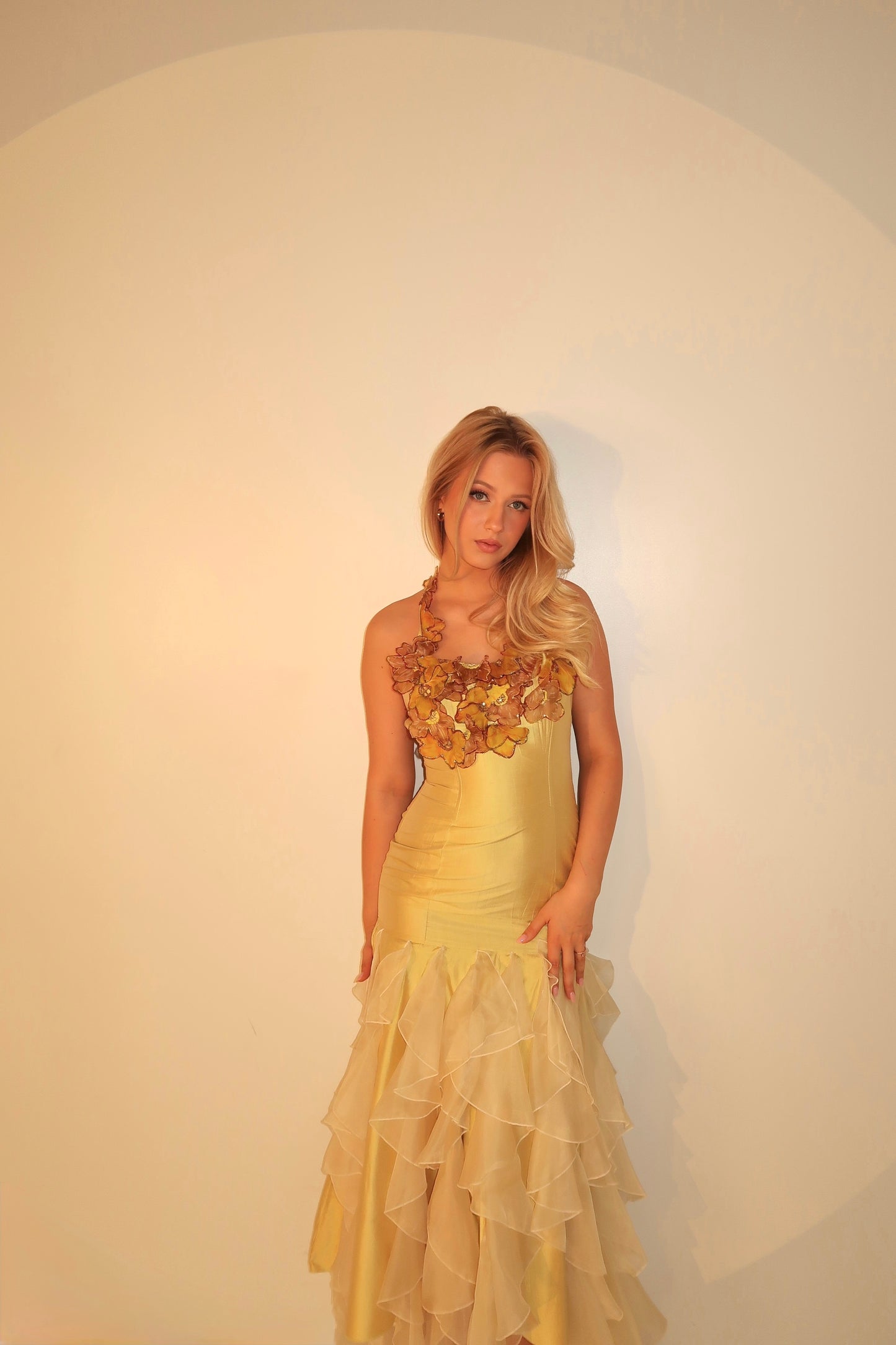 Beautiful Floral Subtle Yellow Silk Vintage Dress