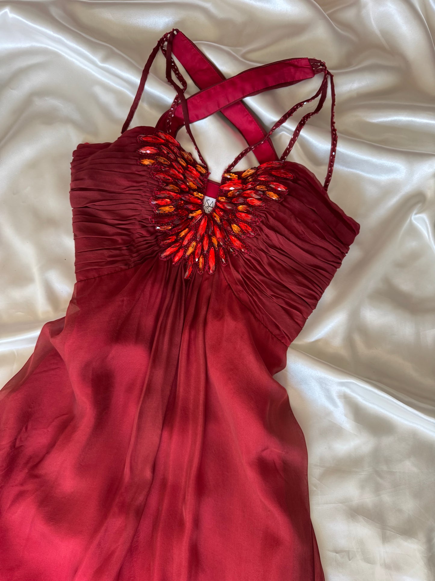 Vintage Long Red Beaded Silk Dress