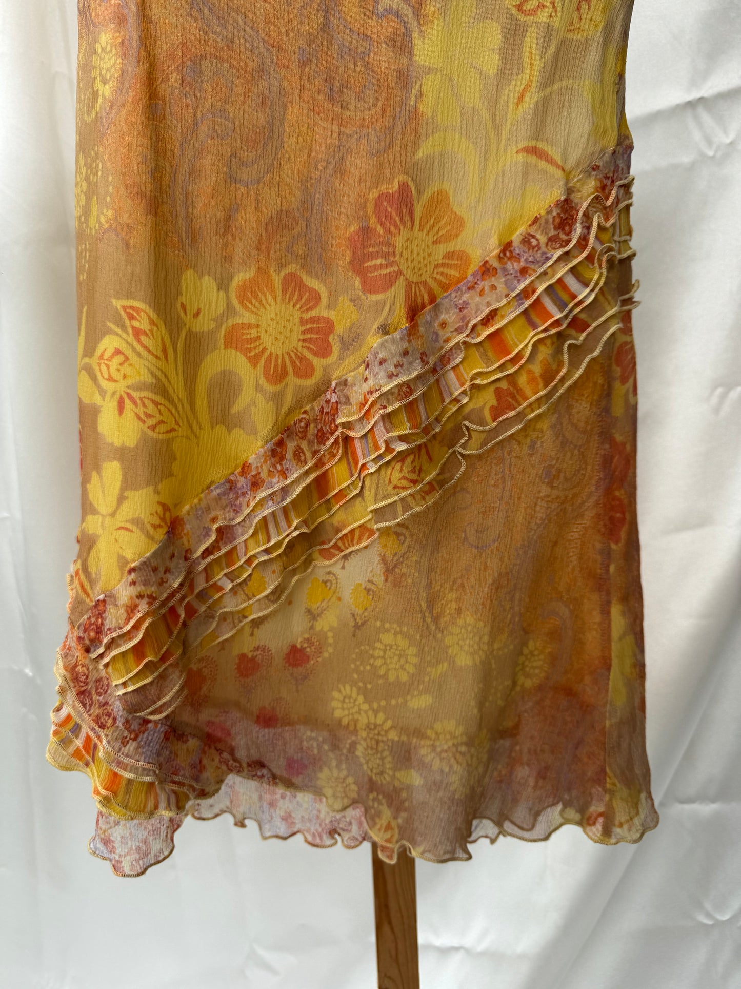 Vintage Yellow Floral & Striped Silk Skirt Set