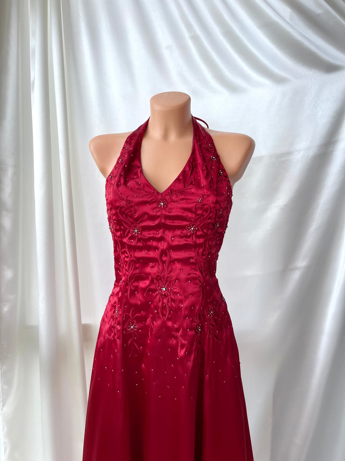 Vintage Long Red Halter Neck Satin Dress