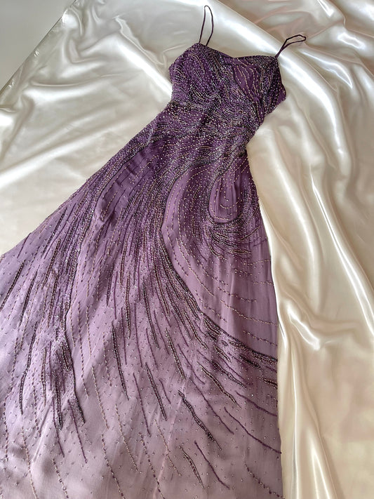 Vintage Long Purple Beaded Silk Dress