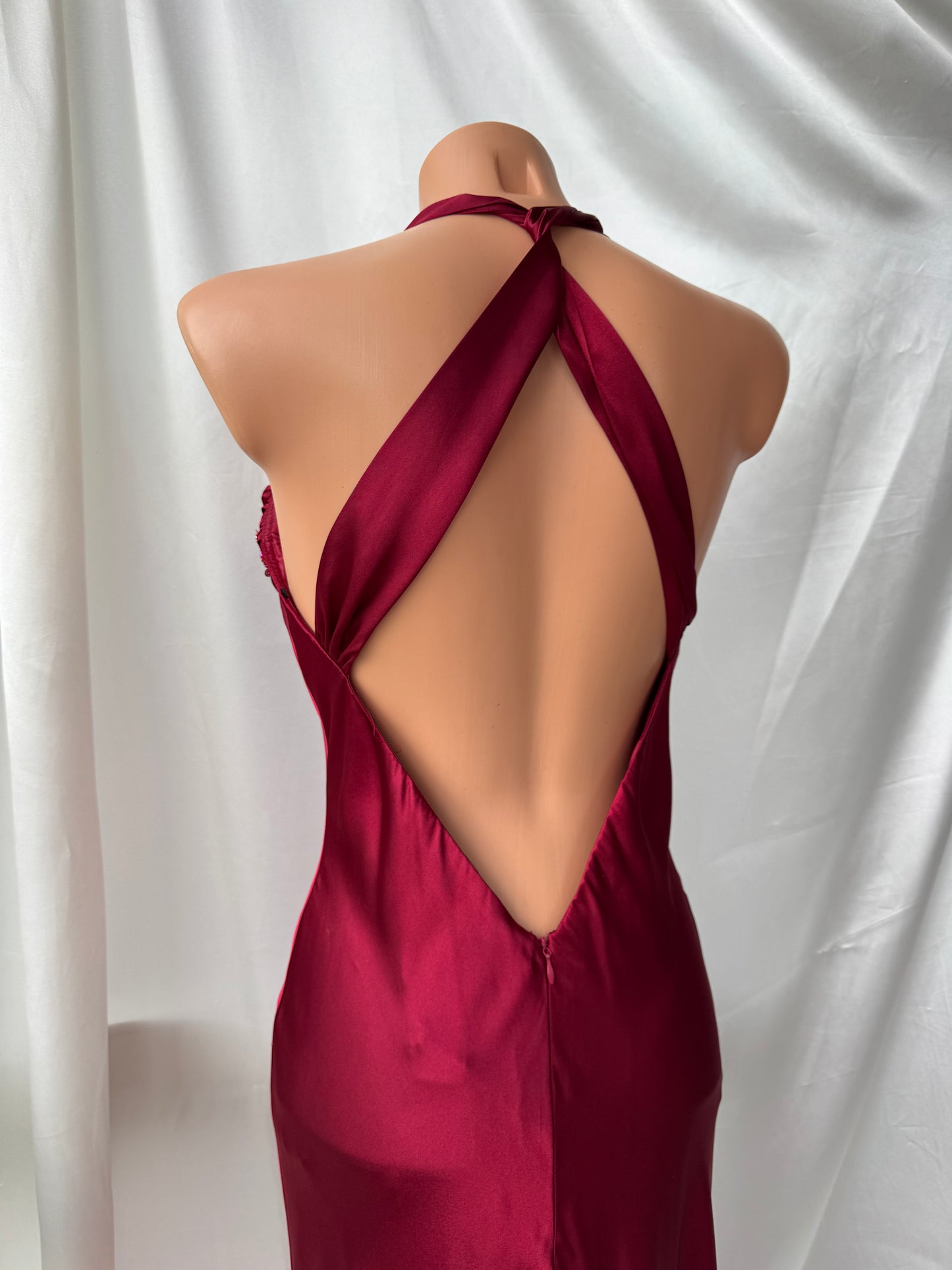 Red Vampy Long Vintage Satin Beaded Gown