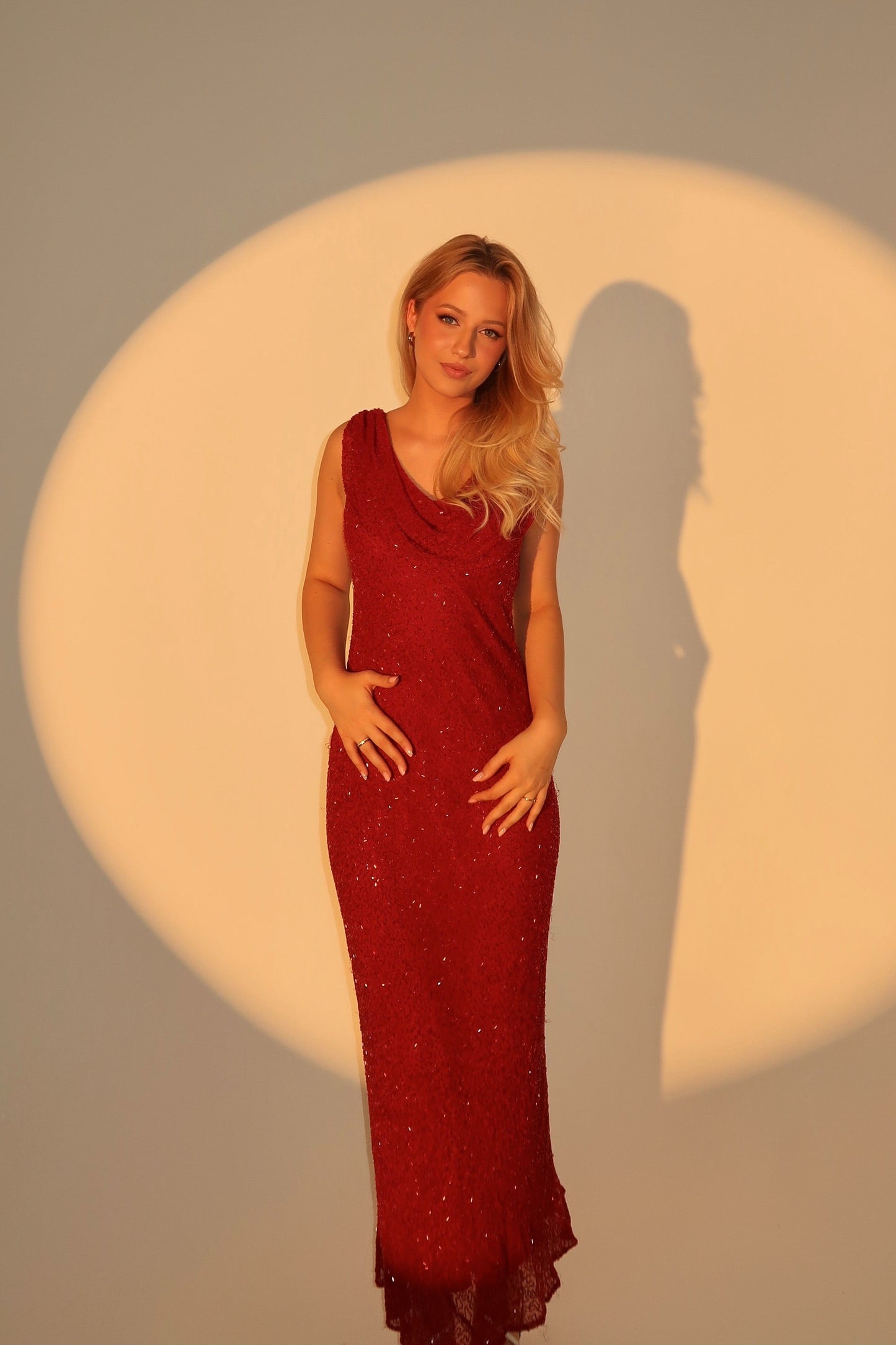 Vintage Long Red Beaded Cowl Neck Dress