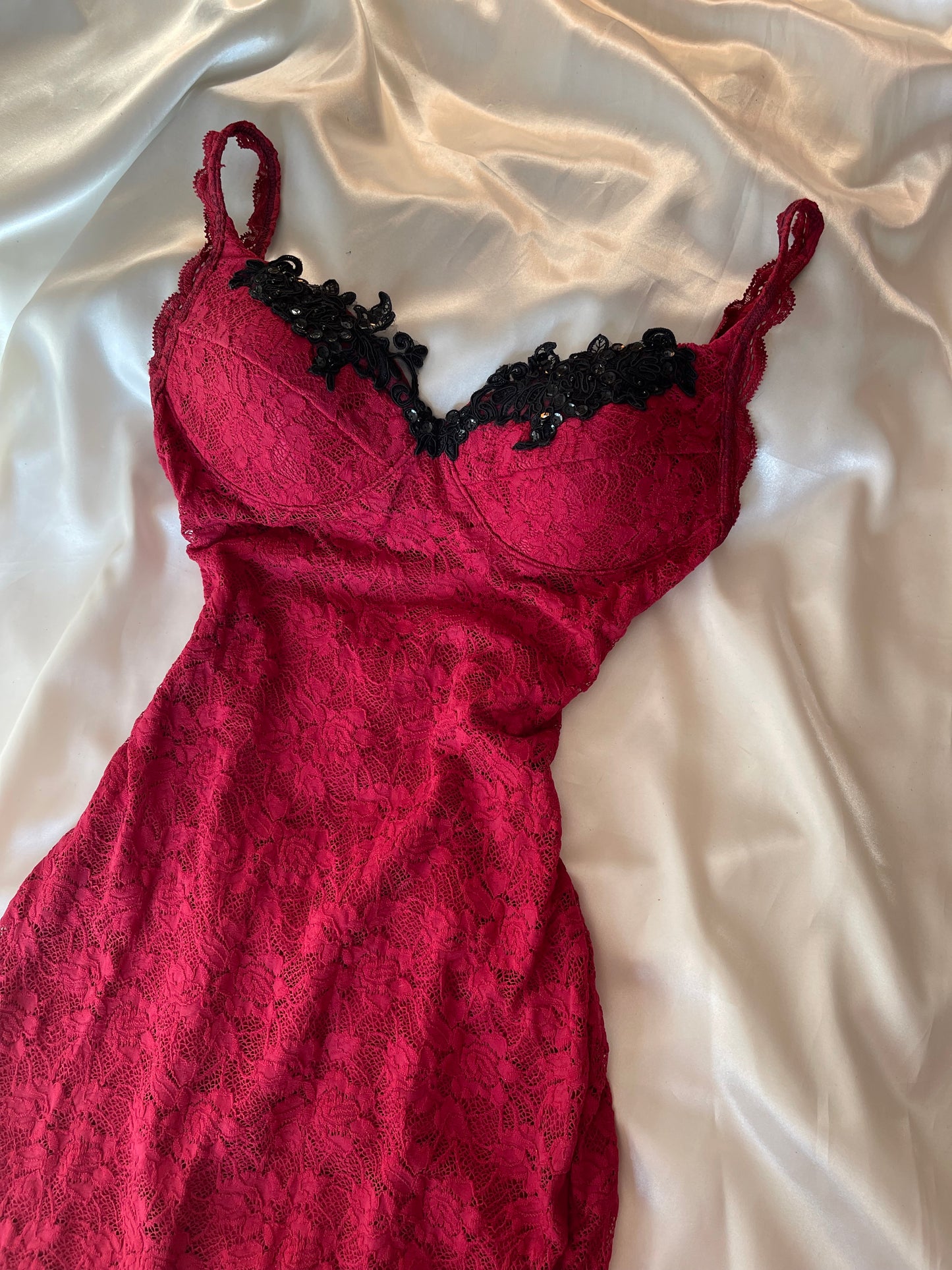Red Vintage Gown with Black Lace Detailing