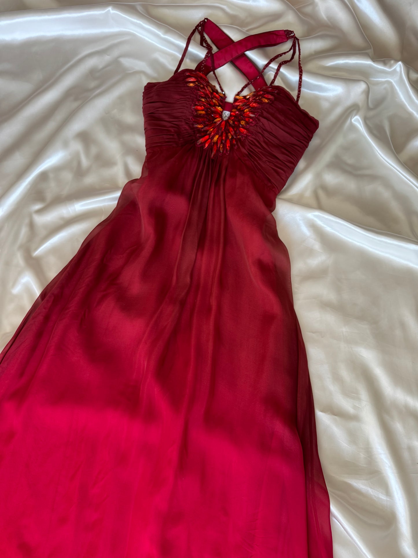 Vintage Long Red Beaded Silk Dress