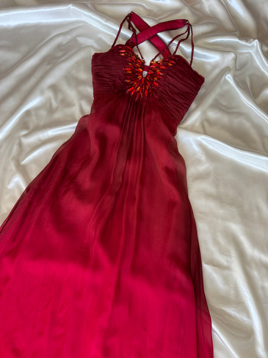 Vintage Long Red Beaded Silk Dress