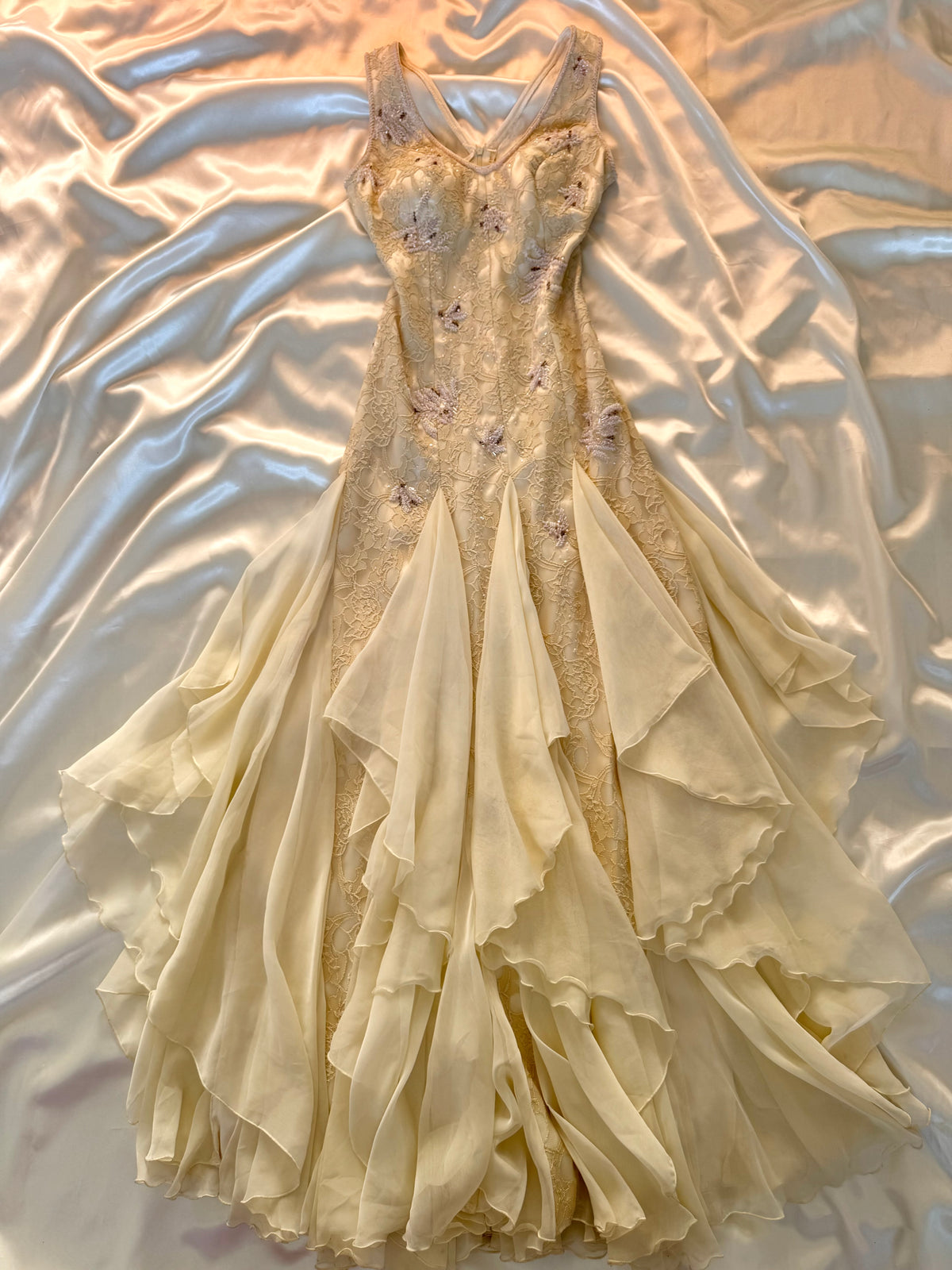 Cream Beaded Vintage Ruffle Dress