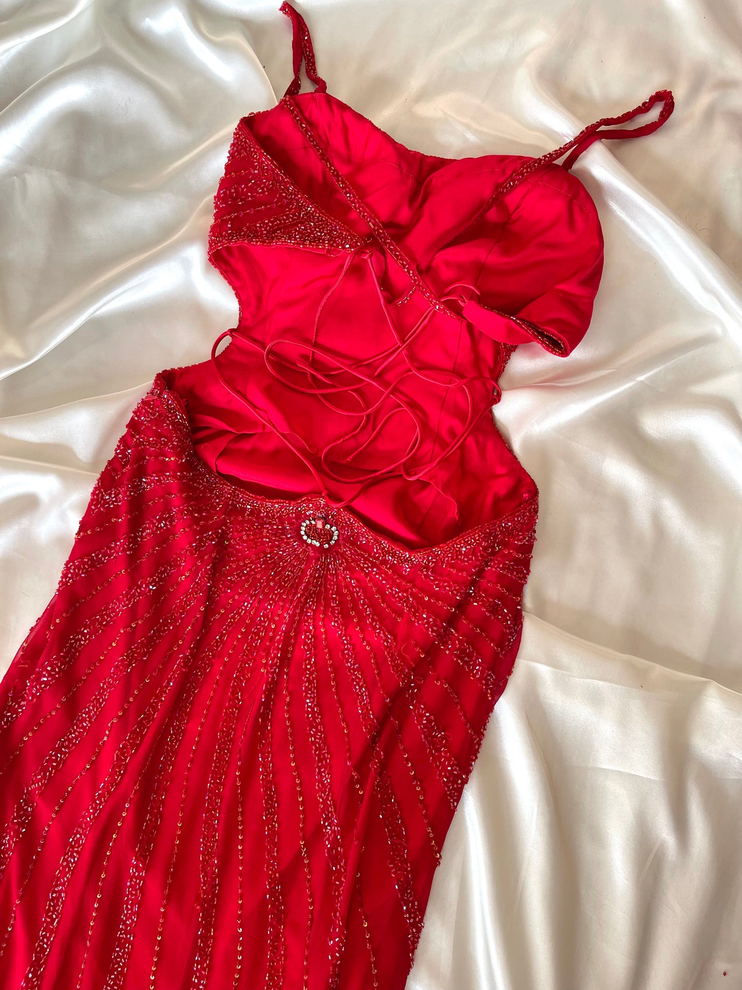 Red Beaded Cut Out Vintage Dress