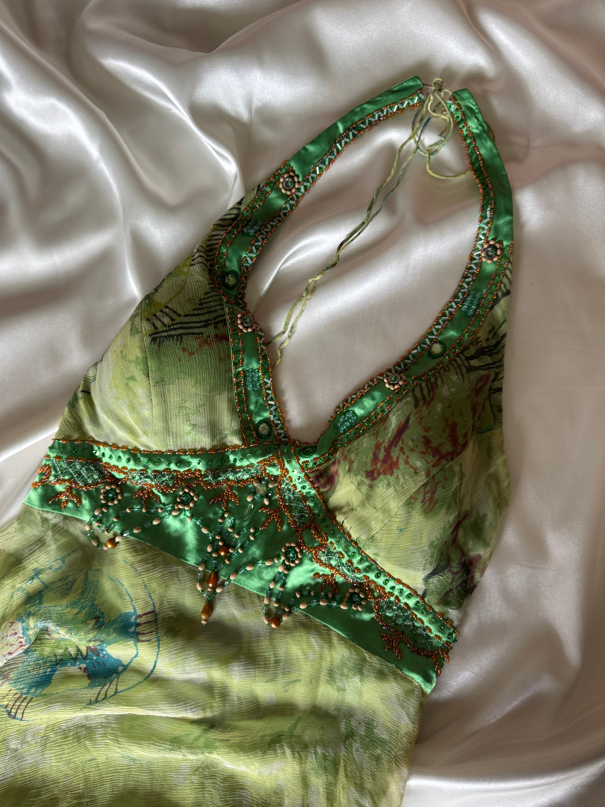 Green Silk Beaded Vintage Dress
