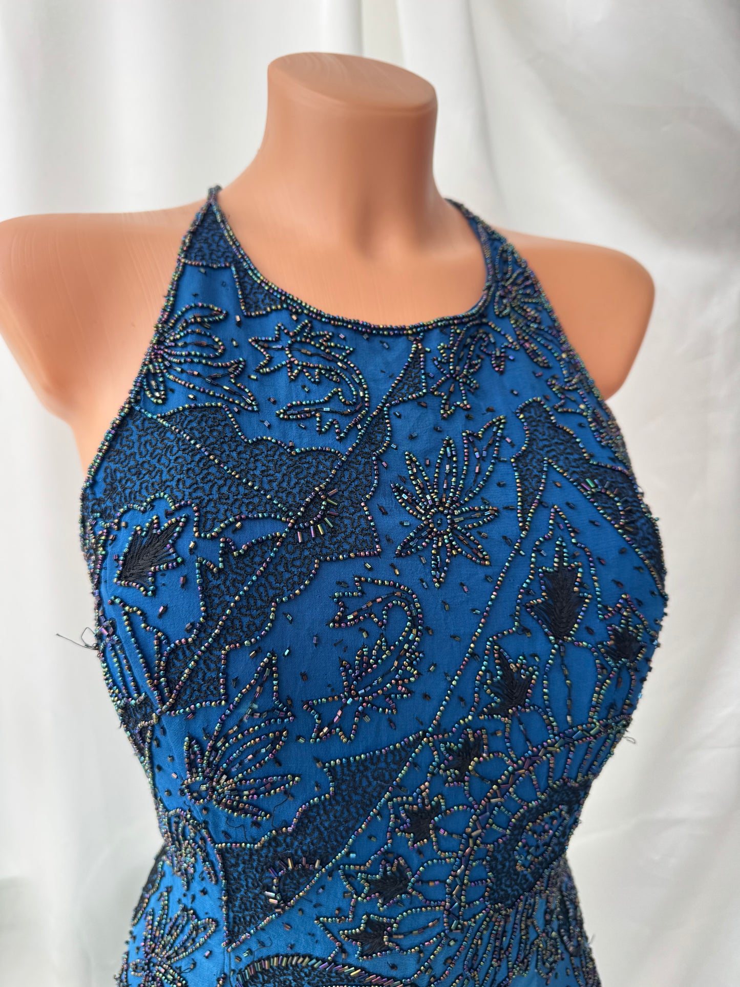 Spectacular Blue Maxi Silk Beaded Vintage Dress