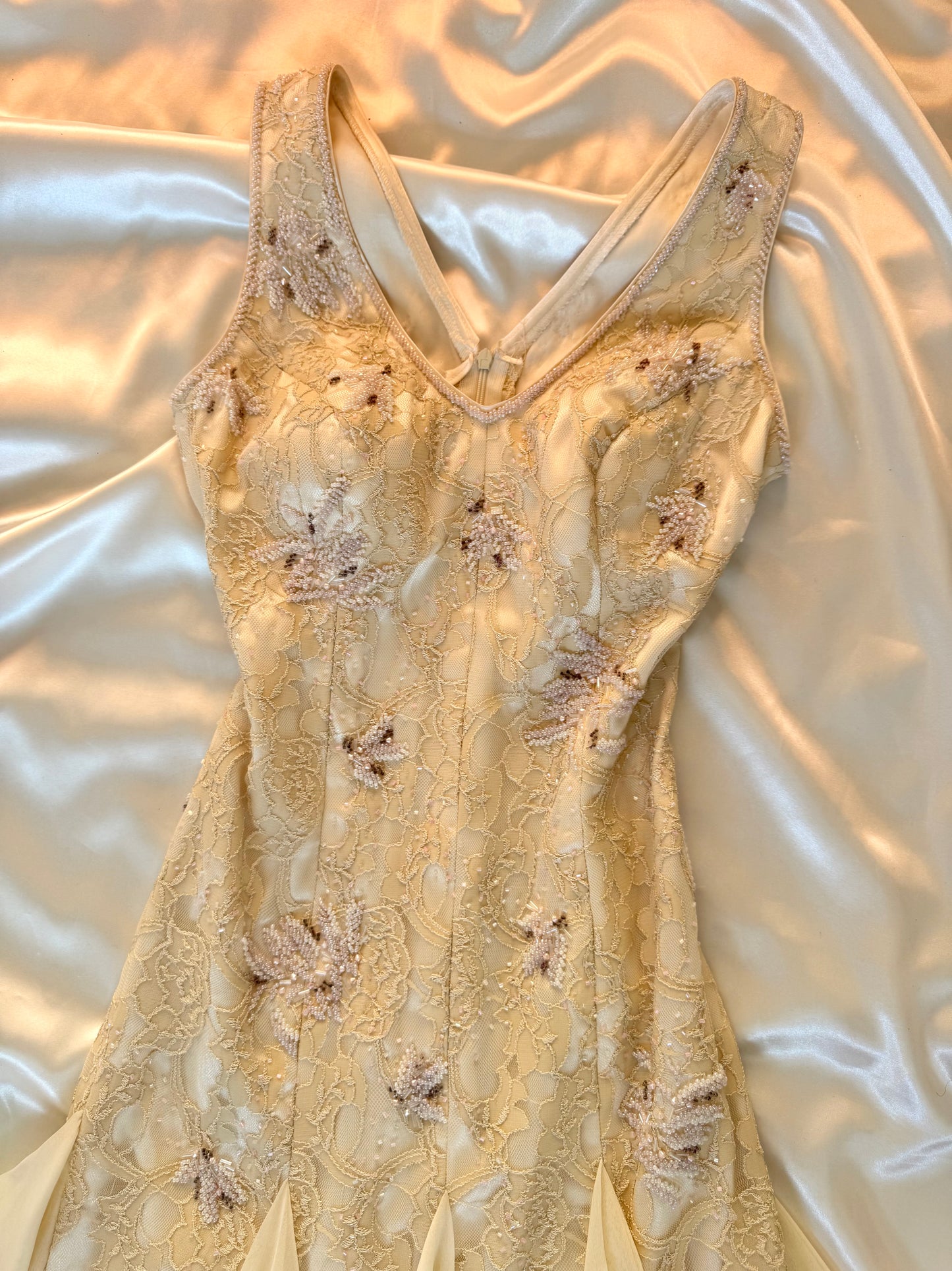 Cream Beaded Vintage Ruffle Dress