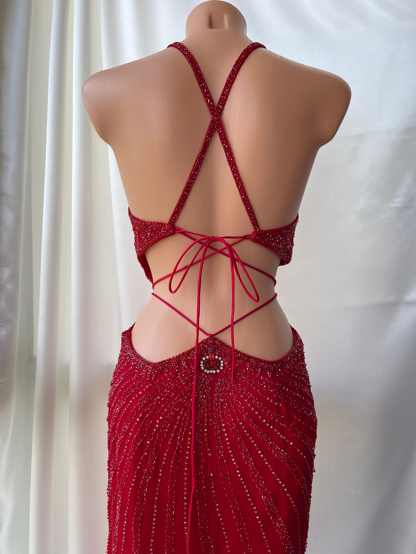 Red Beaded Cut Out Vintage Dress