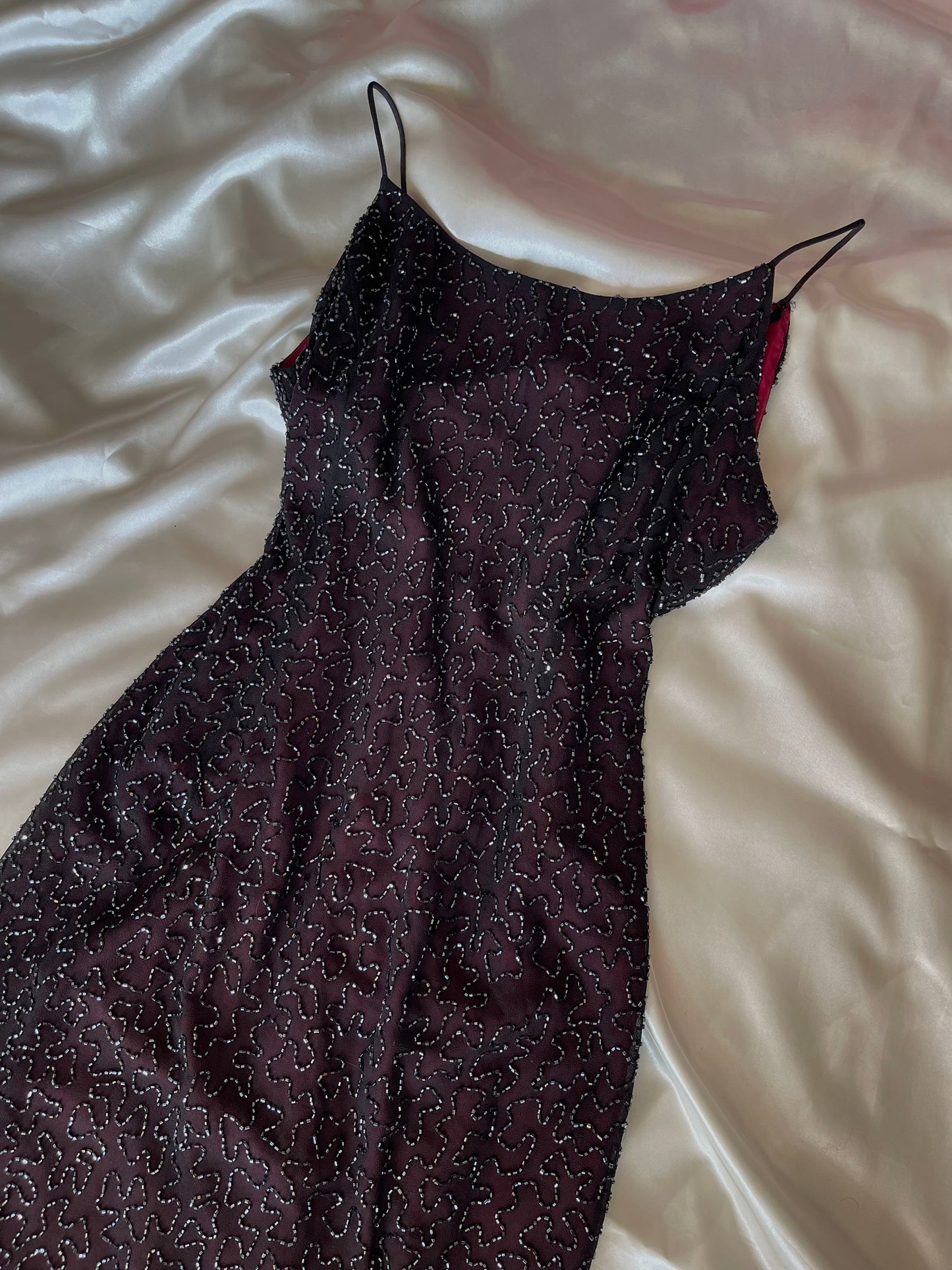 Long Burgundy Beaded Vintage Dress
