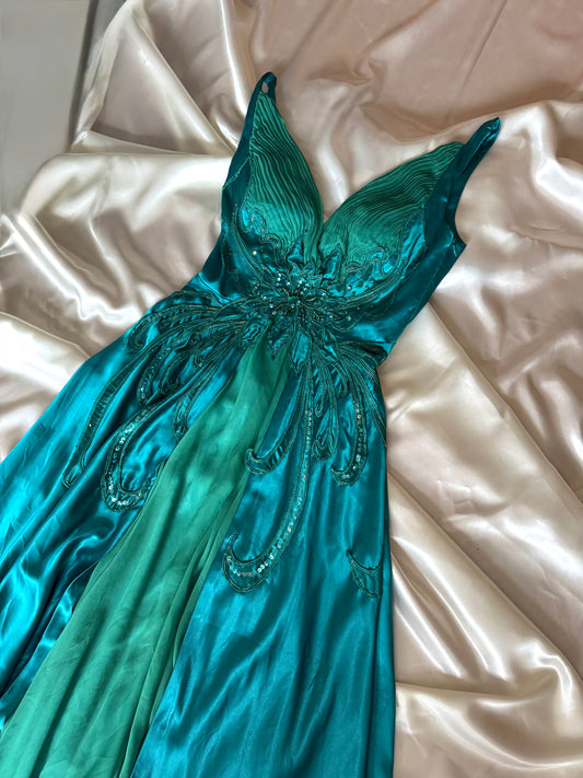 Absolutely Beautiful Butterfly Green Blue Vintage Beaded Dress