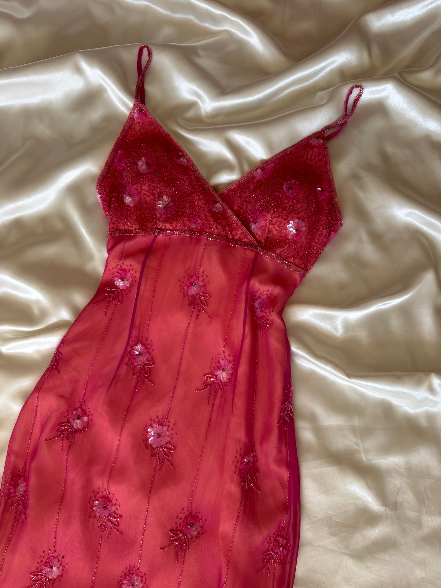 Stunning Beaded Vintage Pink Flower Silk Dress