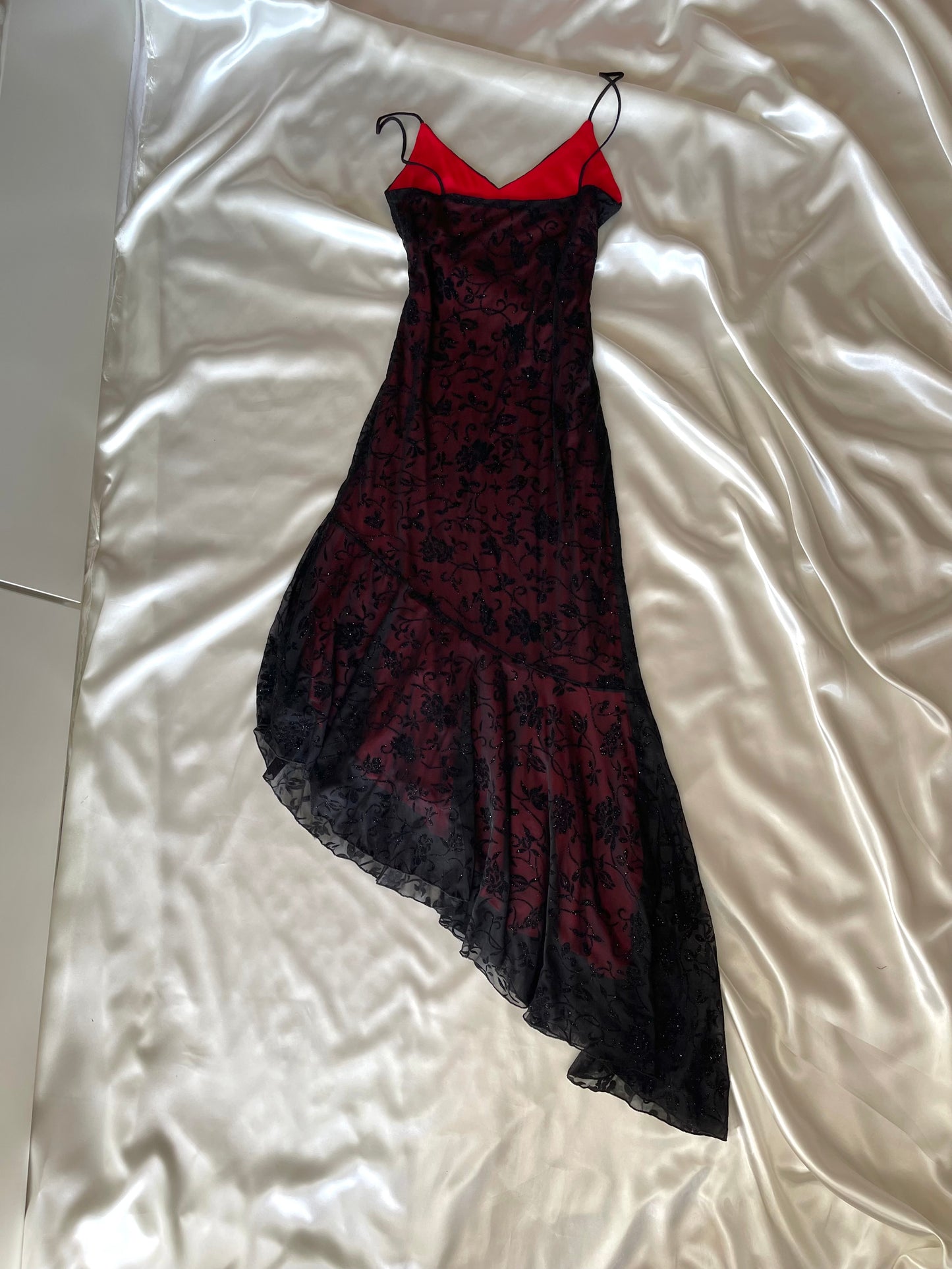 Red & Black Floral Sparkly Velvet Gothic Vintage Dress