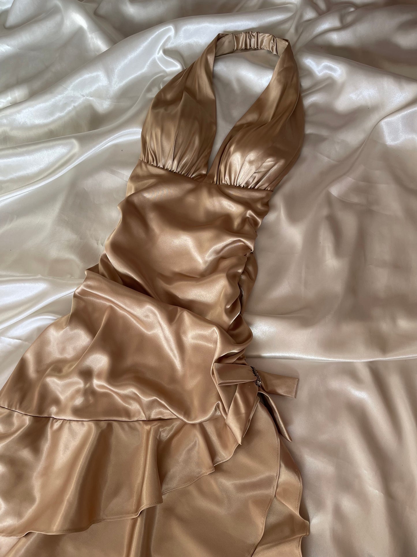 Beautiful Champagne Satin Side Rutched Vintage Dress