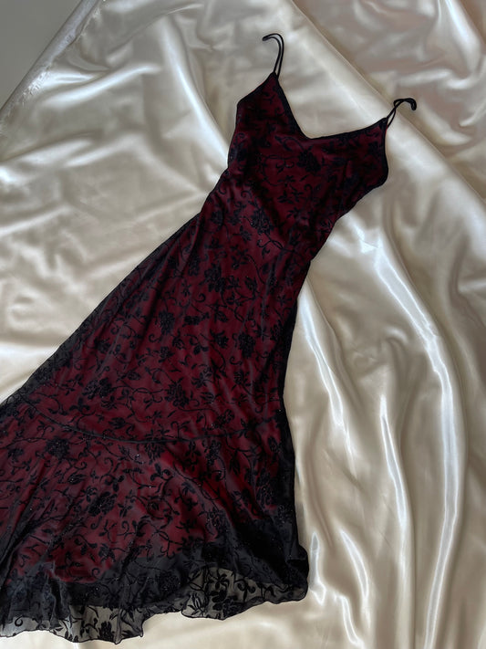 Red & Black Floral Sparkly Velvet Gothic Vintage Dress