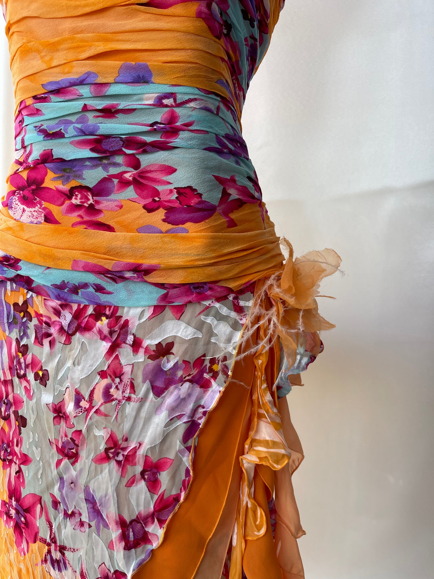 Beautiful Floral Orange Silk Vintage Dress