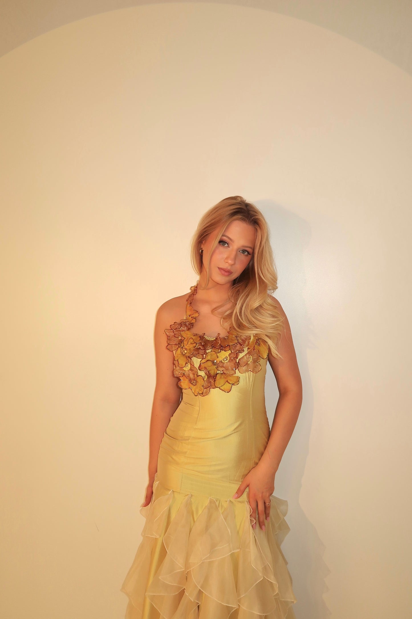 Beautiful Floral Subtle Yellow Silk Vintage Dress