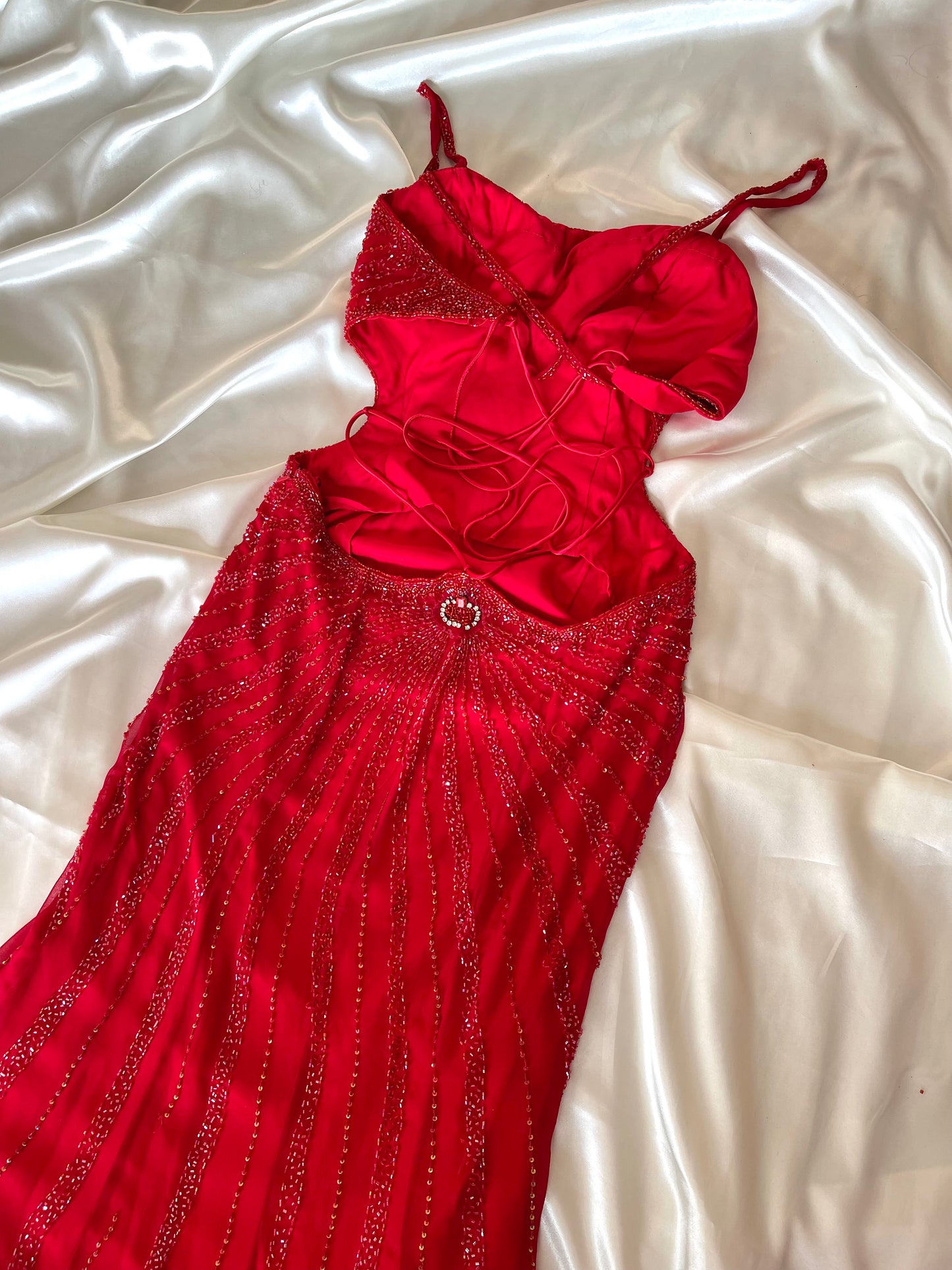 Red Beaded Cut Out Vintage Dress