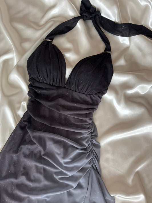 Sparkly Ombre Gray Halter Neck Vintage Dress