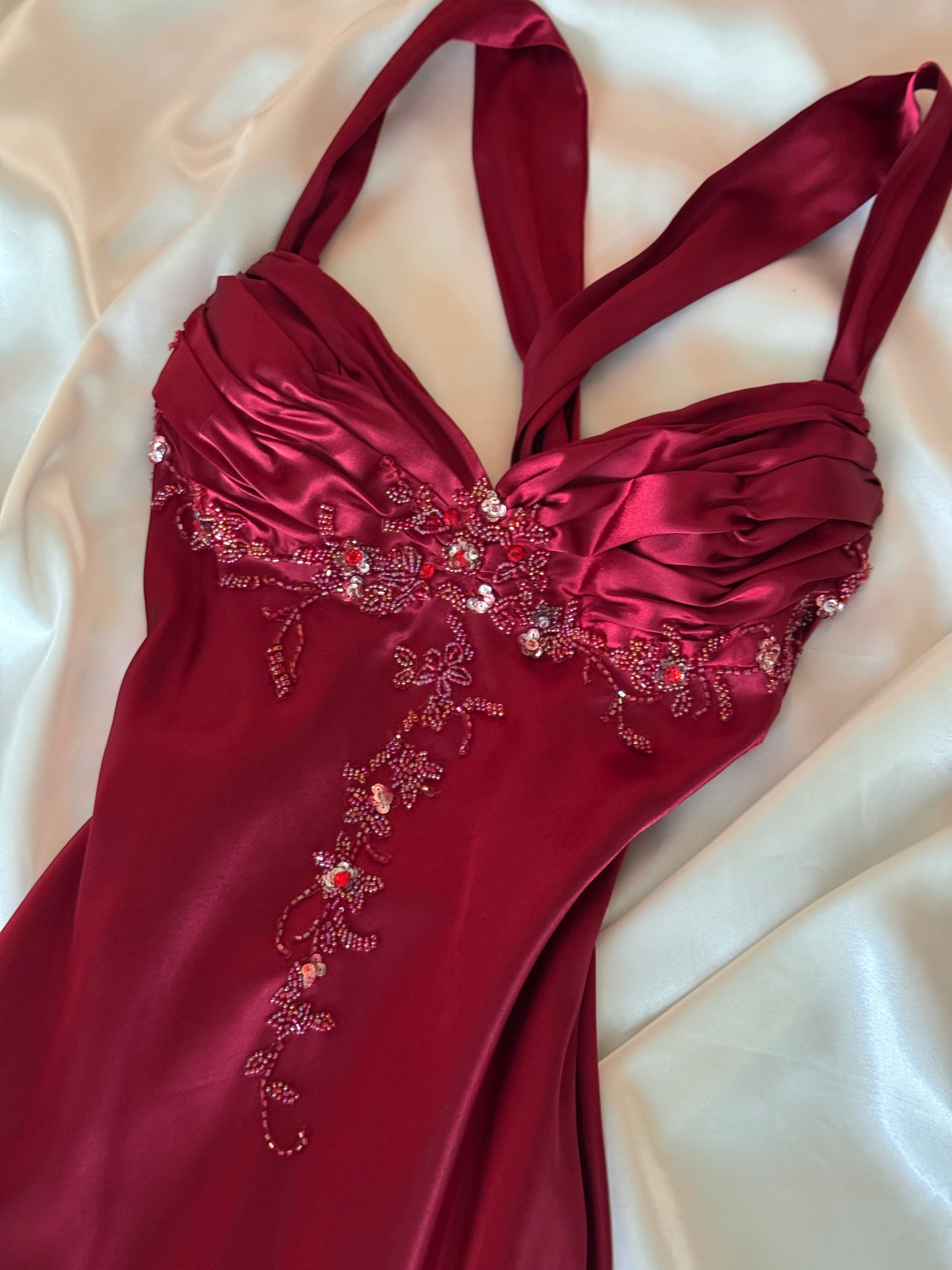 Red Vampy Long Vintage Satin Beaded Gown