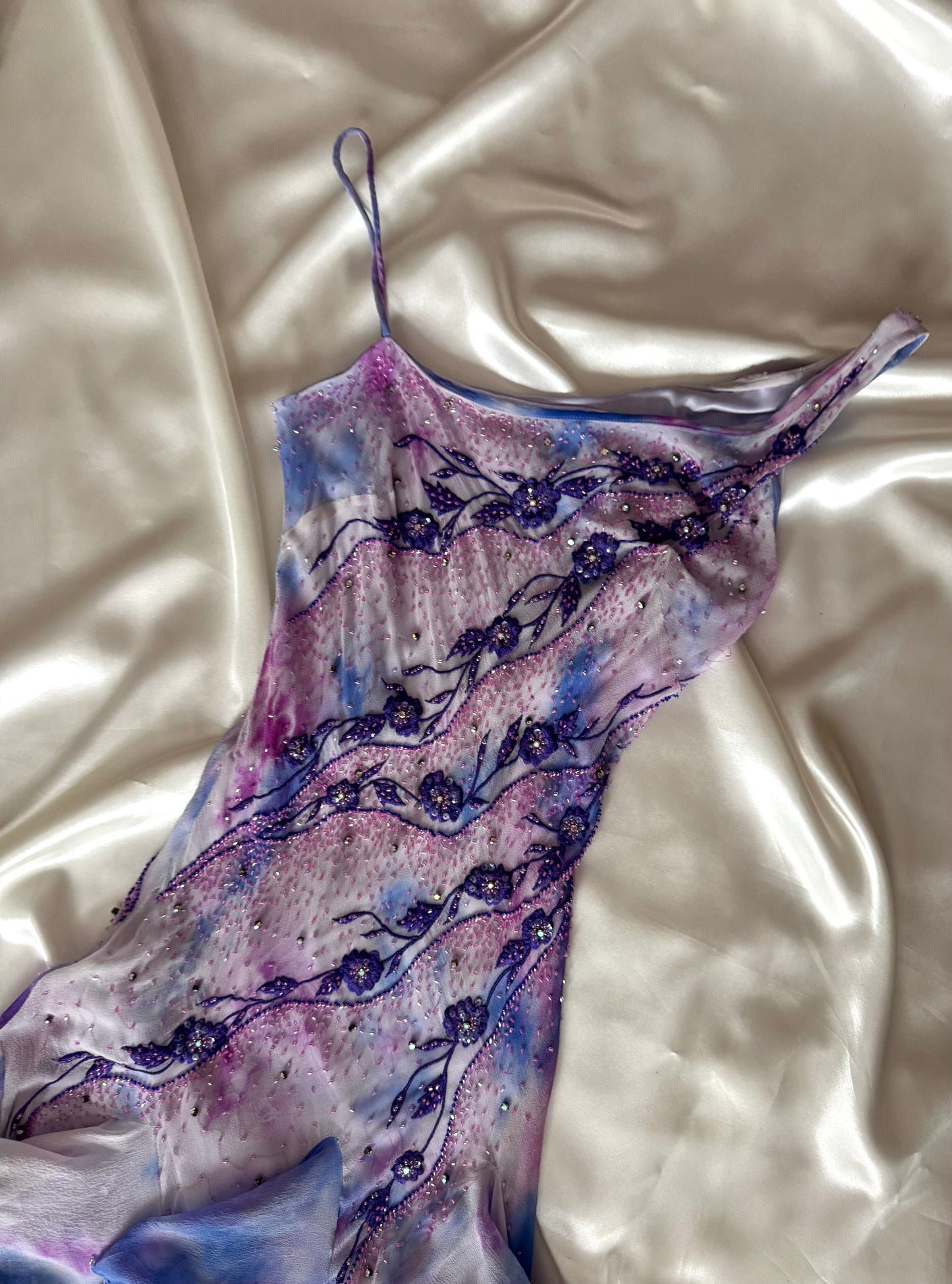 Vintage Frill Skirt Purple and White Beaded Silk Dress