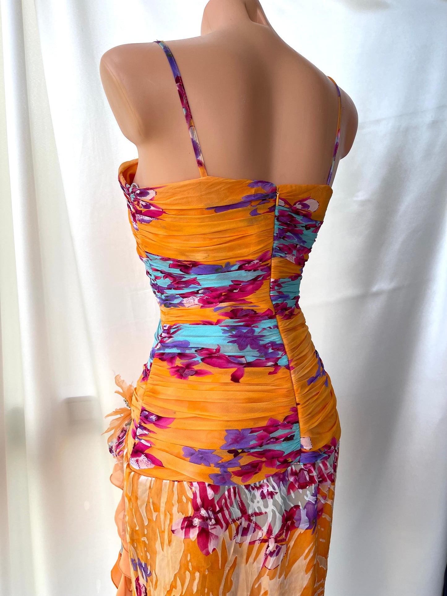 Beautiful Floral Orange Silk Vintage Dress